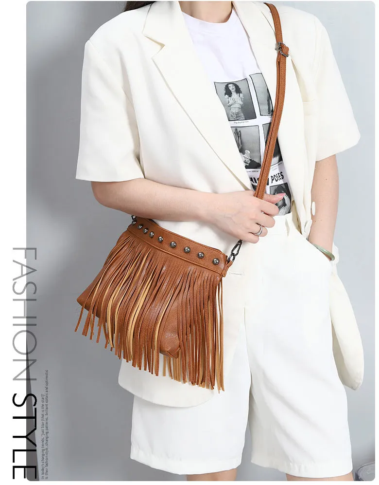 Women's Trendy Fashion Soft Leather Rivet Tassel Bags