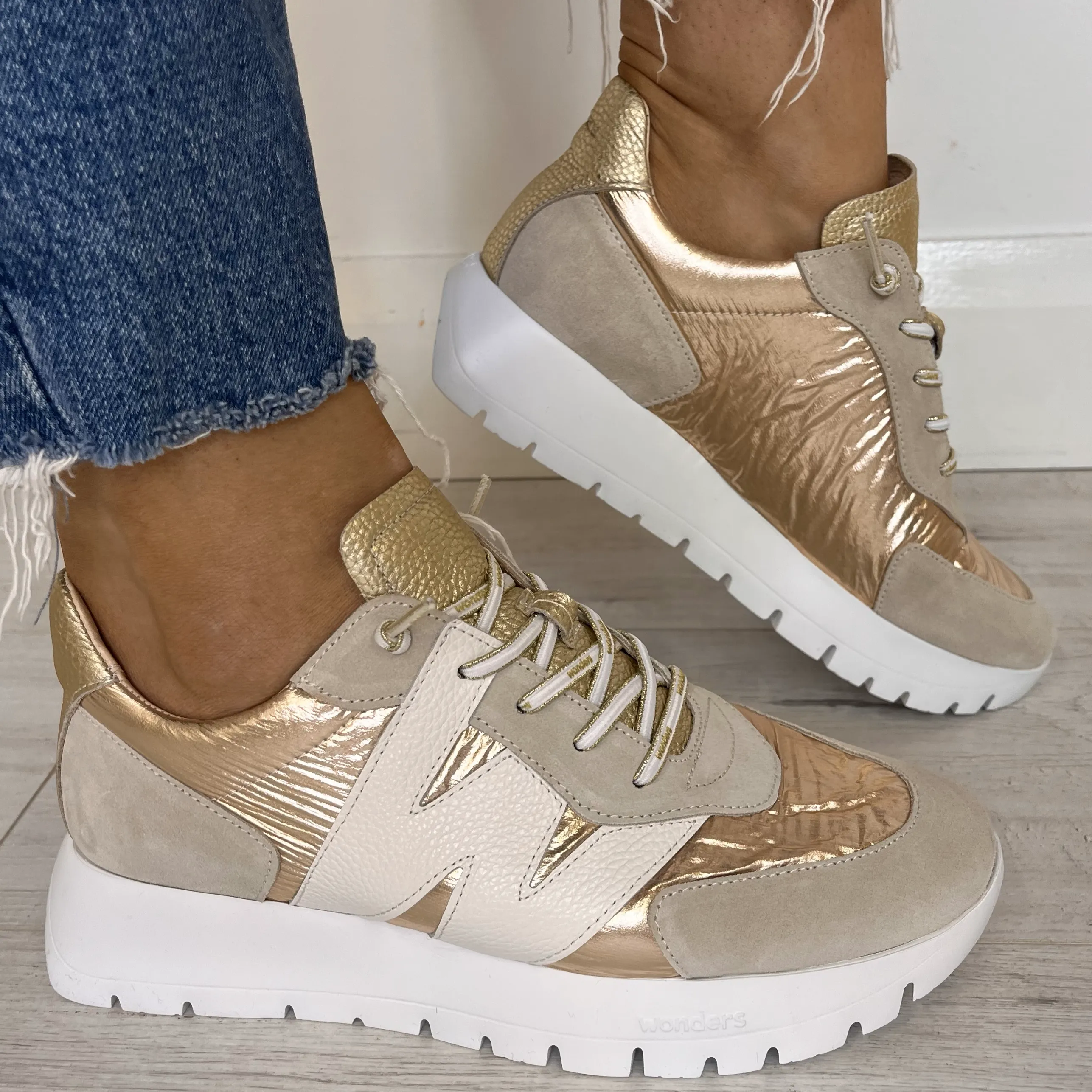 Wonders Beige & Metallic Gold Summer Sneakers