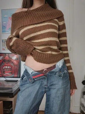 Y2k stripes brown off-shoulder sweater